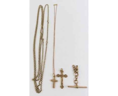 A 9ct gold cross with engraved decoration, a small cross marked '9c', a 9ct gold T-bar with chain a swivel catch attached, a 