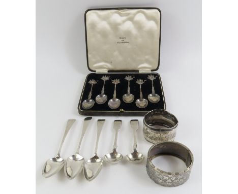 A set of six silver Dutch teaspoons, with sail boat finials, Chester import marks, cased; an unmarked Victorian bangle; two V