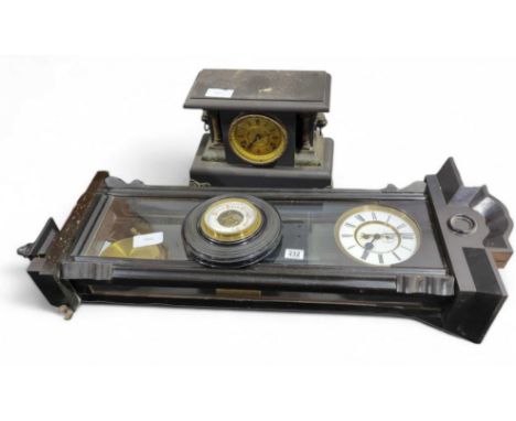 A Vienna regulator clock, in ebonised case; a round wall barometer and a mantel clock in a slate style case