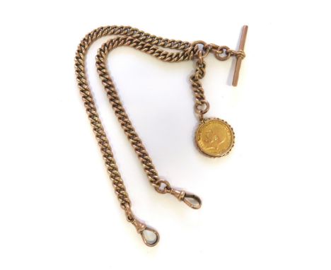 A 9ct rose gold Albert chain with T-bar and two swivel clasps; with a King George V 1912 half sovereign in mount attached, 52