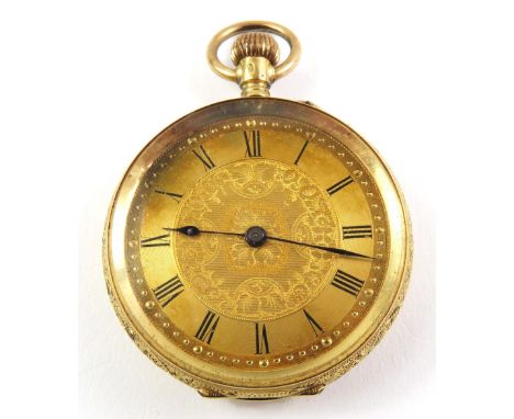 A continental manual wind open face pocket watch, the round dial with black Roman numerals, and blue steeled hands, the case 