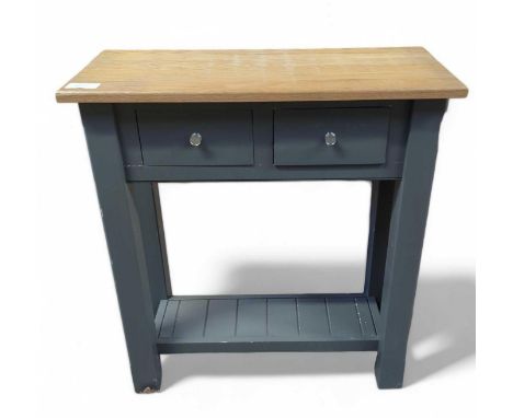 A slate blue painted console table, with light oak top, two drawers with chromed handles and lower shelf, 90cm high, 81cm wid