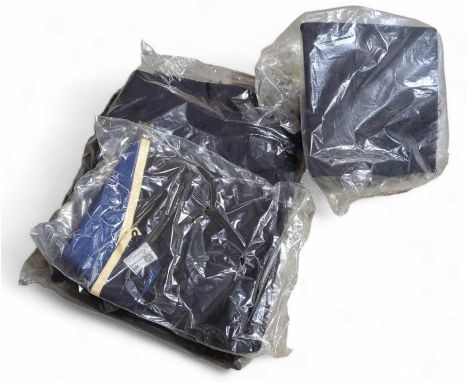 An Ede and Ravenscroft graduation gown, size M/49, a black, cream and navy blue sash and a mortar board, size 7 3/8