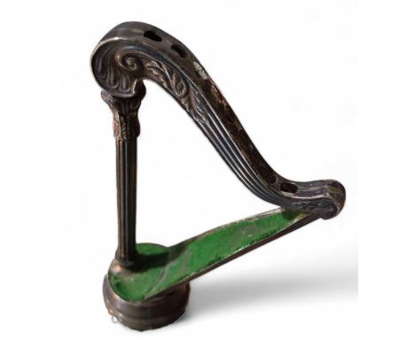 A silver novelty hat pin stand, in the form of a harp, London, 1906, Sampson Mordan & Co, 14cm high (max)