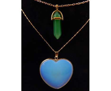 A spinach jade obelisk pendant and chain, together with a iridescent heart pendant and chain. (2) 