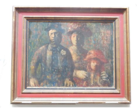 Sylvain Vigny (French, 1903-70), portrait family group, husband with flower to lapel, wife and child with best bonnets, oil o