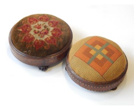 A 19th century circular footstool, mahogany, ceramic pumpkin feet, D. 31cm, together with an early 20th century stool with ch