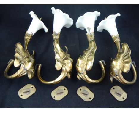 R. W. Winfield, c.1840, a set of four brass curtain ties, opaline glass lily trumpet with brass leaf and wall mounts, approx.