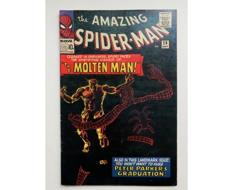 SPIDER-MAN #28 (1965 - MARVEL) VFN- (Pence Copy) - Origin and first appearance of the Molten Man. Peter Parker graduates from