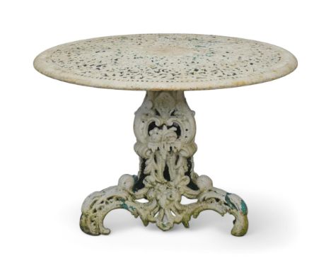 An antique painted cast iron 2-section circular garden table with ornate tripod base. A/F. Width 73cm, Height 50cm.