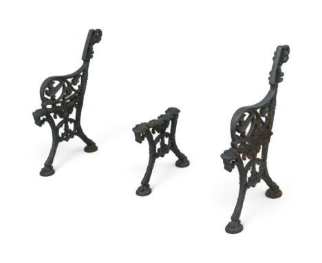 GODIN A set of painted cast iron bench supports and ends, with cast maker's marks. Height overall 72cm.