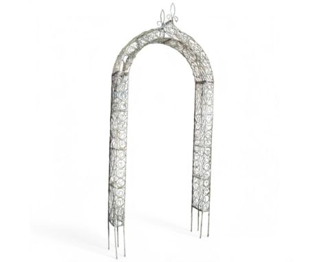 A painted metal wirework garden arch / arbour. Width 116cm, height 263cm, depth 23cm.