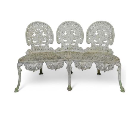 A vintage painted cast aluminium 3-seater chaperone garden bench with all over pierced decoration. Length 142cm, Height 86cm,