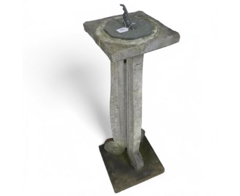 A patinated bronze sundial on weathered Portland stone tripod columned base, adorned with Tudor rose designs. Width 30cm, hei