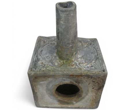 A lead rain hopper, marked 1828. Width 25cm, height 38cm, depth 22cm.
