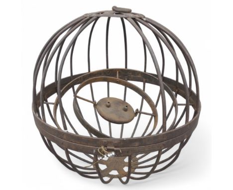 An antique cast and wrought iron spherical gimbled ships lantern. Diameter 47cm, height 50cm.