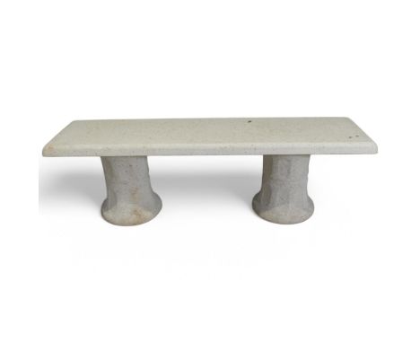 A Spanish three-section reconstituted marble rectangular garden bench raised on fluted columns. Length 145cm, height 45cm, de