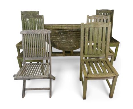 A weathered teak circular drop-leaf garden table labelled for Westminster Garden Furniture, diameter 120cm, height 75cm, and 