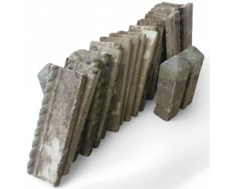 21 sections of vintage weathered concrete lawn / flower bed edging with rope twist design, each width 46cm, 17cm height, with