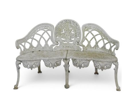 A vintage painted cast aluminium 3-seater chaperone garden bench with all over pierced decoration. Length 141cm, Height 86cm,
