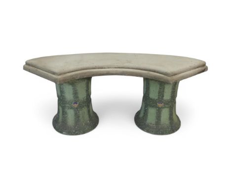 A concrete curved garden bench raised on two reconstituted marble columns, labelled for Arte Hispano, Valencia. Width 111cm, 