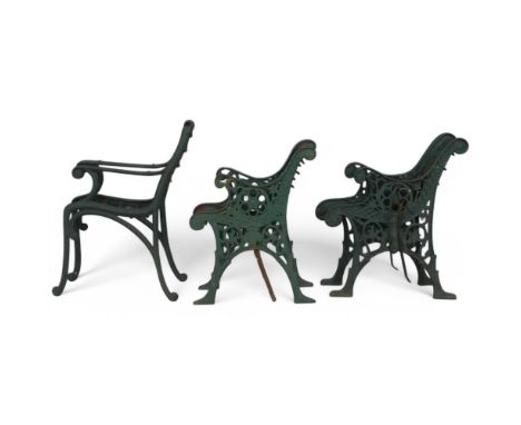 3 pairs of painted cast iron garden bench ends of varying design. Largest set Height 79cm.