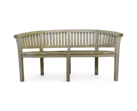 A weathered teak Lutjens style garden bench. Length 160cm, height 85cm, depth 65cm.