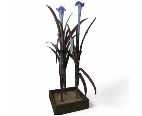 MEHRDAD TAFRESHI for QUIST - A contemporary copper plant sculpture with art glass flowers, with square pedestal copper lined 
