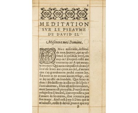 16th century French printing in London.- Meditations Chrestiennes, title with woodcut printer's device and with woodcut portr