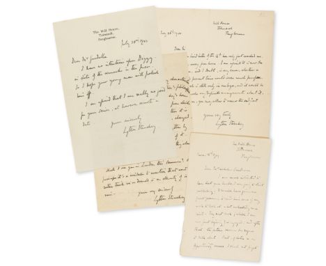 Strachey (Lytton) A group of 6 A.L.s. and A.C.s., including Autograph Letter signed to Mrs Cobden Sanderson, 2pp., 18th March
