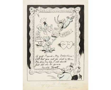 δ Gandhi.- Fearon (Percy Hutton) "Poy". "Composing the Valentine", pen and ink cartoon with some blue pencil shading, pencil 
