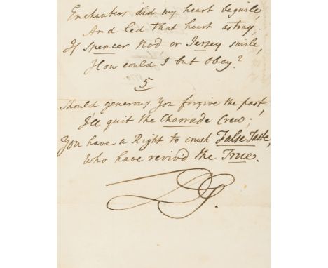 Garrick (David, actor and playwright, 1717-79) The Charrader's Recantation to Sir Will.m Hamilton, autograph manuscript poem 