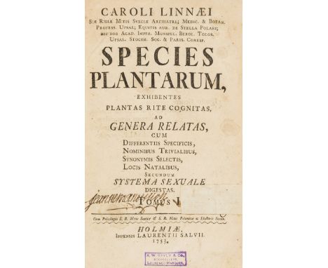 Botany.- Linnaeus (Carl) Species plantarum, 2 vol. in 1, first edition, second issue with the three cancelled leaves E6, F5 &