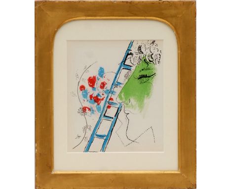 MARC CHAGALL 'The ladder', original lithograph 1962, printed by Mourlot, 23cm x 20cm, framed and glazed.
