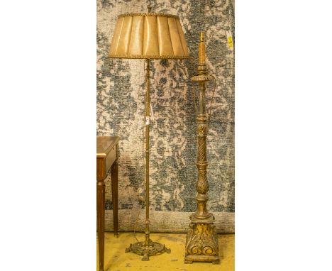 STANDARD LAMP, mid 20th century gilt metal with slender column and parchment shade, 163cm H plus another early 20th century I