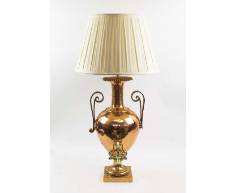 SAMOVAR TABLE LAMP, 19th century Russian of copper and brass construction with silk pleated shade, 82cm H. (with faults)