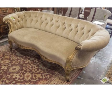 SOFA, Victorian of shaped form with button back chenille upholstery and giltwood showframe with rose detail, 212cm x 75cm H x