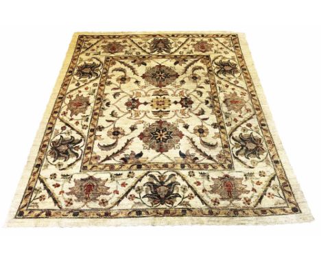 FINE FEREGHAN CARPET, 225cm x 197cm, all over rosette, palmette and vine design on an ivory field within complimentary guard 