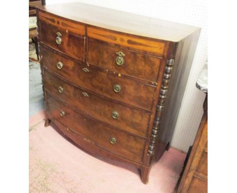 BOWFRONT CHEST, Regency mahogany string inlaid, rosewood crossbanded and satinwood of two short over three long drawers havin