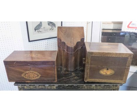 KNIFE BOX, Regency mahogany, with barber pole inlay, 30cm x 20cm (interior lacking). With a tea caddy with bee and shell inla