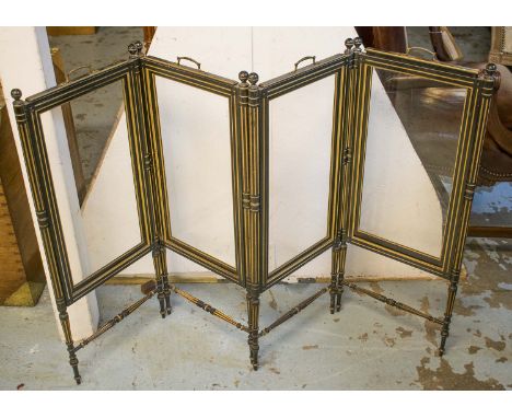 FIRESCREEN, Victorian Aesthetic ebonised and gilt heightened with brass handles and four folding hinged and lift out glass pa