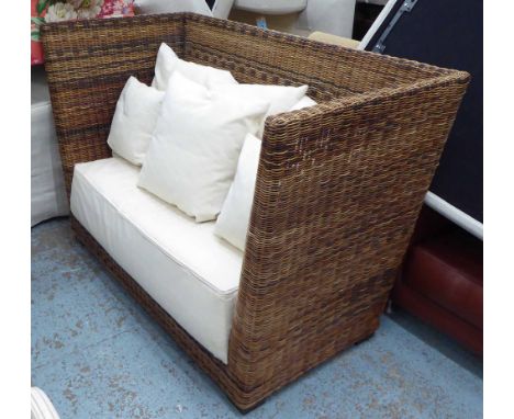 CONSERVATORY SOFA, high sided wicker with white seat and scatter cushions, 110cm H x 171cm W x 83cm D. 