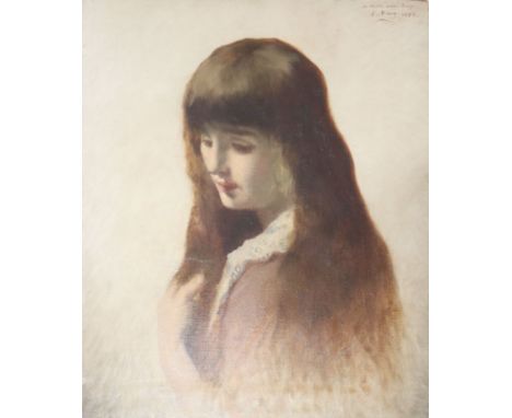 E. Krug, oil on canvas laid on board, Portrait of a young woman, signed and dated 1886, 53 x 44cm, unframed