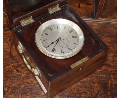 A Victorian ship's chronometer in brass-bound rosewood case (incomplete, balance wheel missing)