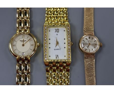 A lady's 9ct gold Omega manual wind wrist watch on 9ct gold bracelet and two other wrist watches including Raymond Weil.