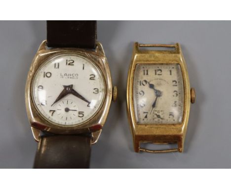 A lady's 18k yellow metal West End Watch Co manual wind wrist watch and a 9ct gold Lanco manual wind wrist watch.