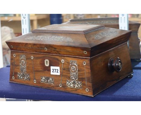 A William IV sarcophagus rosewood work box, inlaid with mother of pearl and containing a collection of ivory and mother of pe