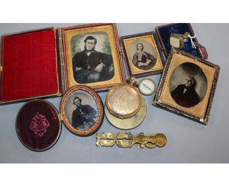 A seal, four daguerreotypes, two compass scales and a pocket watch