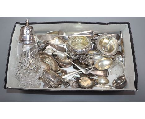 A pair of Victorian silver swan salts, a pair of silver cauldron salts and sundry items, including a silver mustard, a pepper