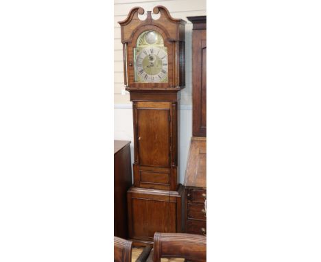 A late 18th century, oak and mahogany eight day longcase clock H.212cm